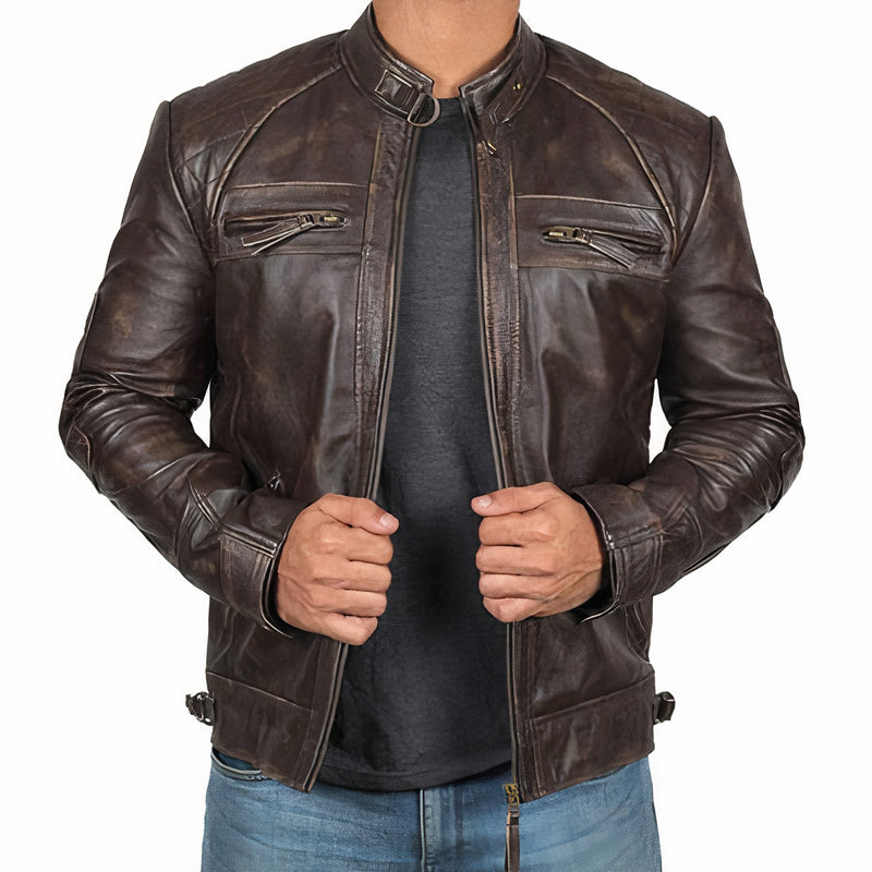 Men's Motorcycle Jacket Zipper Pockets Leather Black