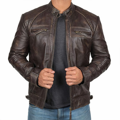 Men's Motorcycle Jacket Zipper Pockets Leather Black