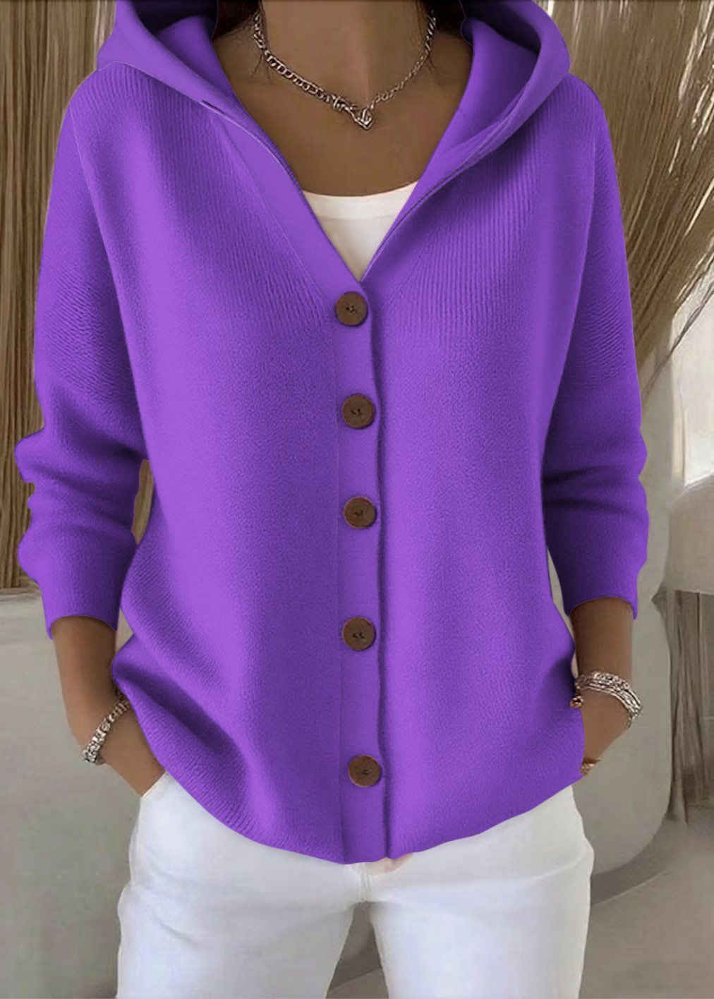 Button-Up Hooded Knit Cardigan