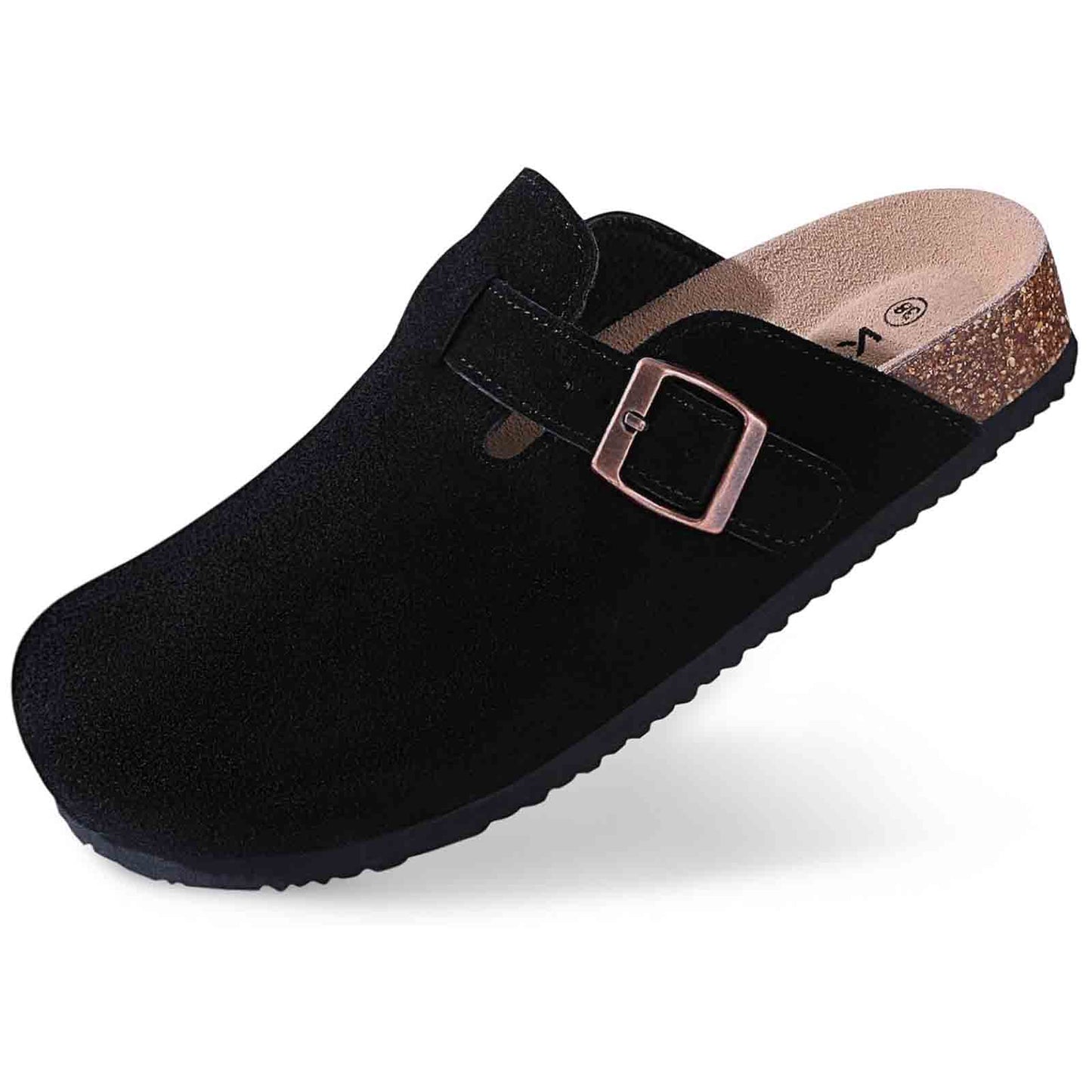 Women's Faux Suede Mules Cork Sole Clogs with Adjustable Buckle Strap