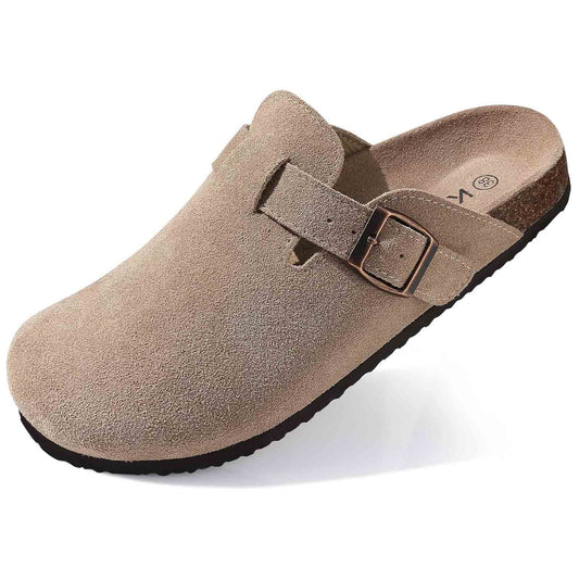 Women's Faux Suede Mules Cork Sole Clogs with Adjustable Buckle Strap