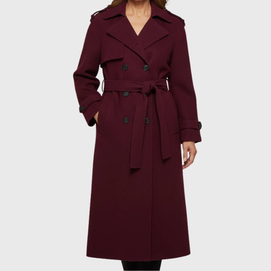 Women's Double Breasted Belted Long Coat - Fashinoza