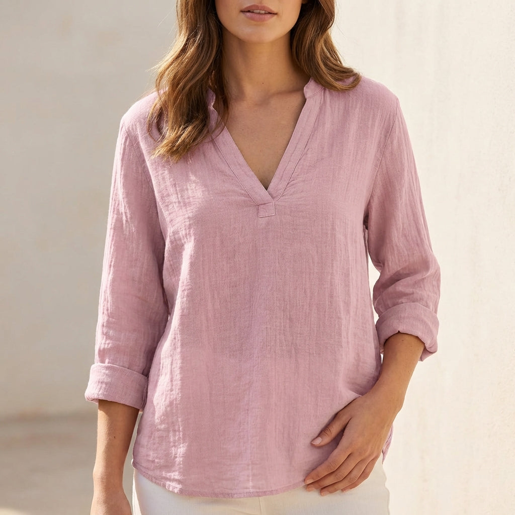 Women's Cotton Linen V-Neck Blouse Relaxed Fit - 
Fashinoza
