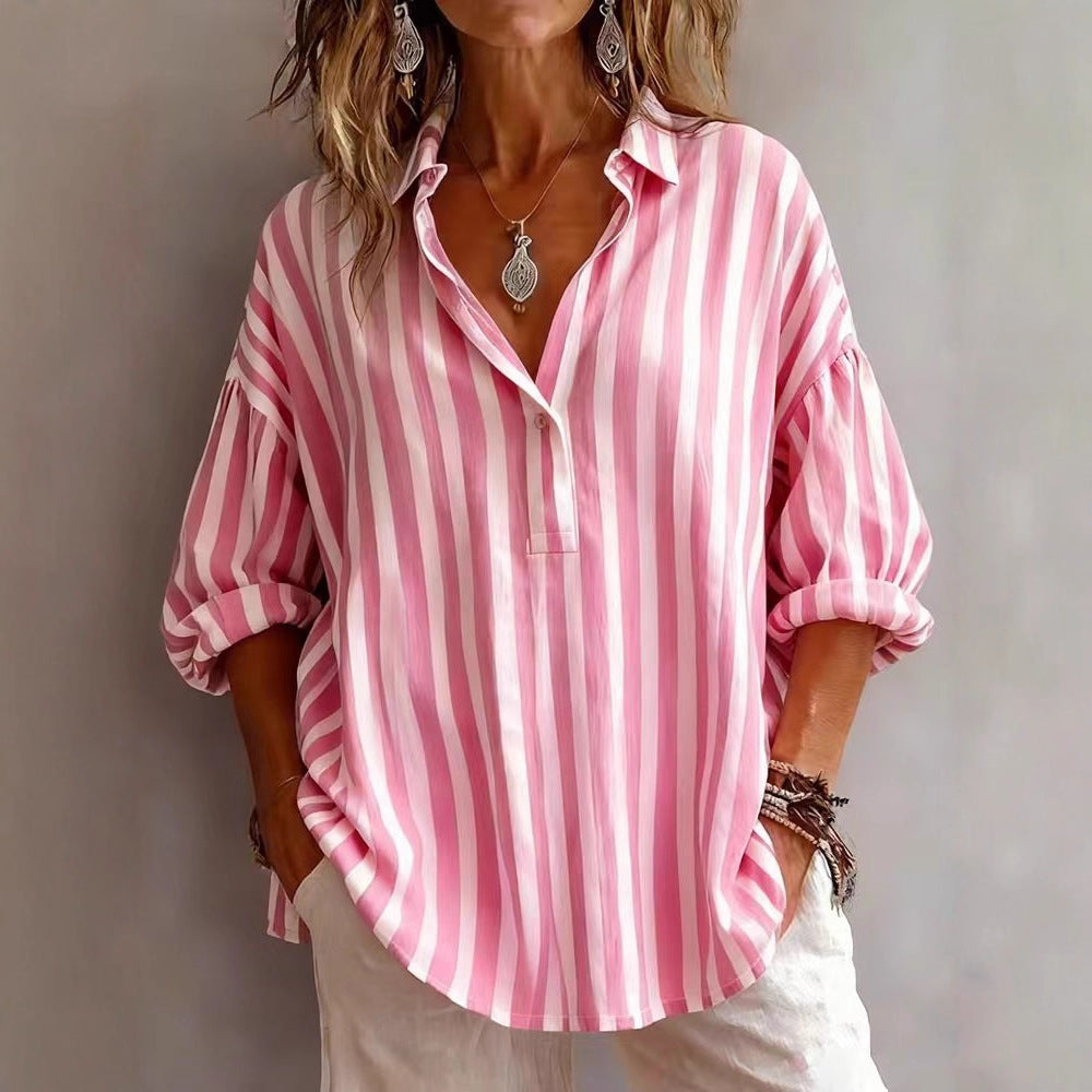 Women's Relaxed Fit Striped V-Neck Blouse 3/4 Sleeves - 
Fashinoza