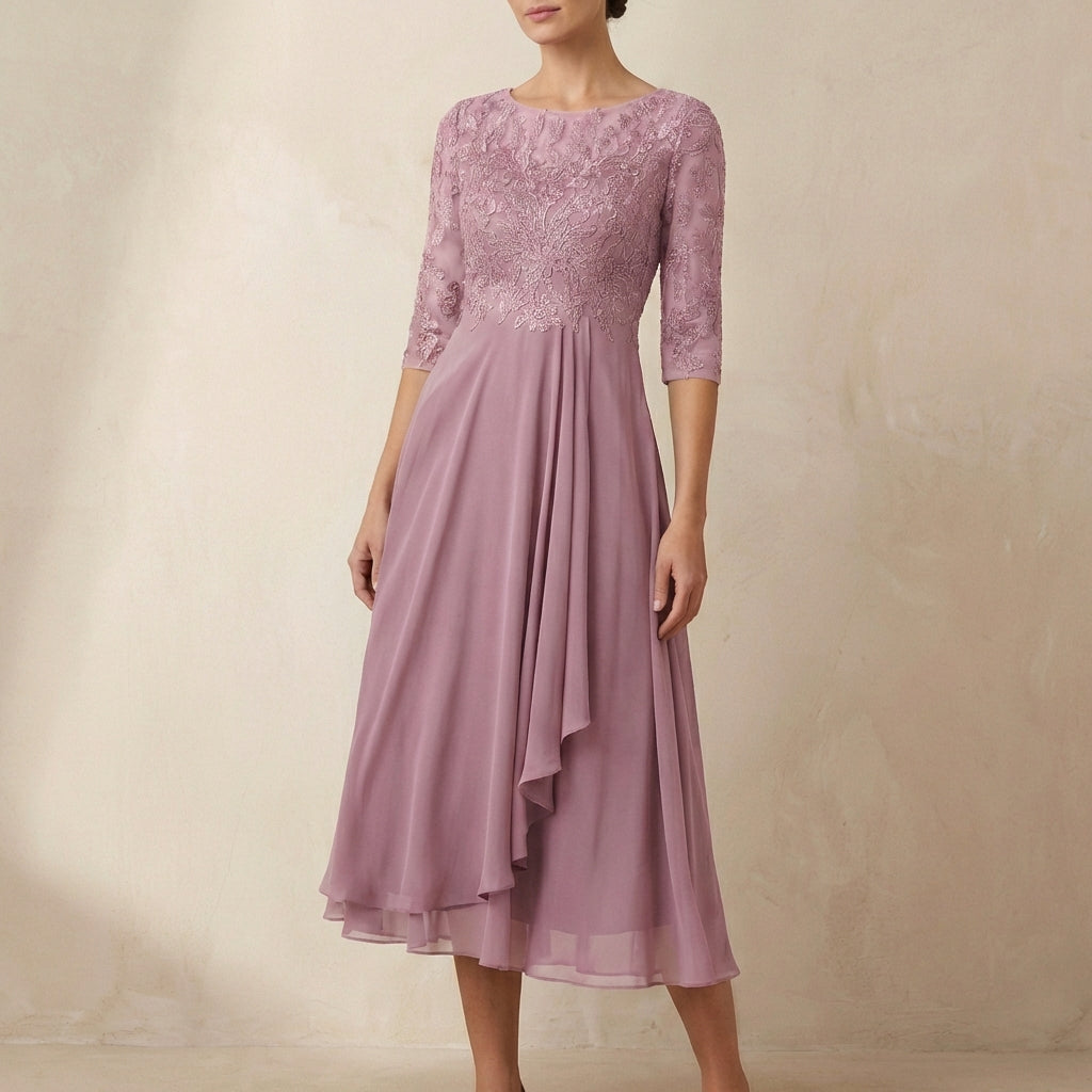 Women's Embroidered Midi Dress Sheer Sleeves Pockets