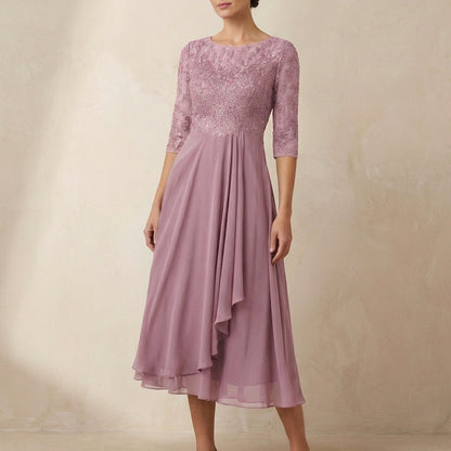 Women's Embroidered Midi Dress Sheer Sleeves Pockets