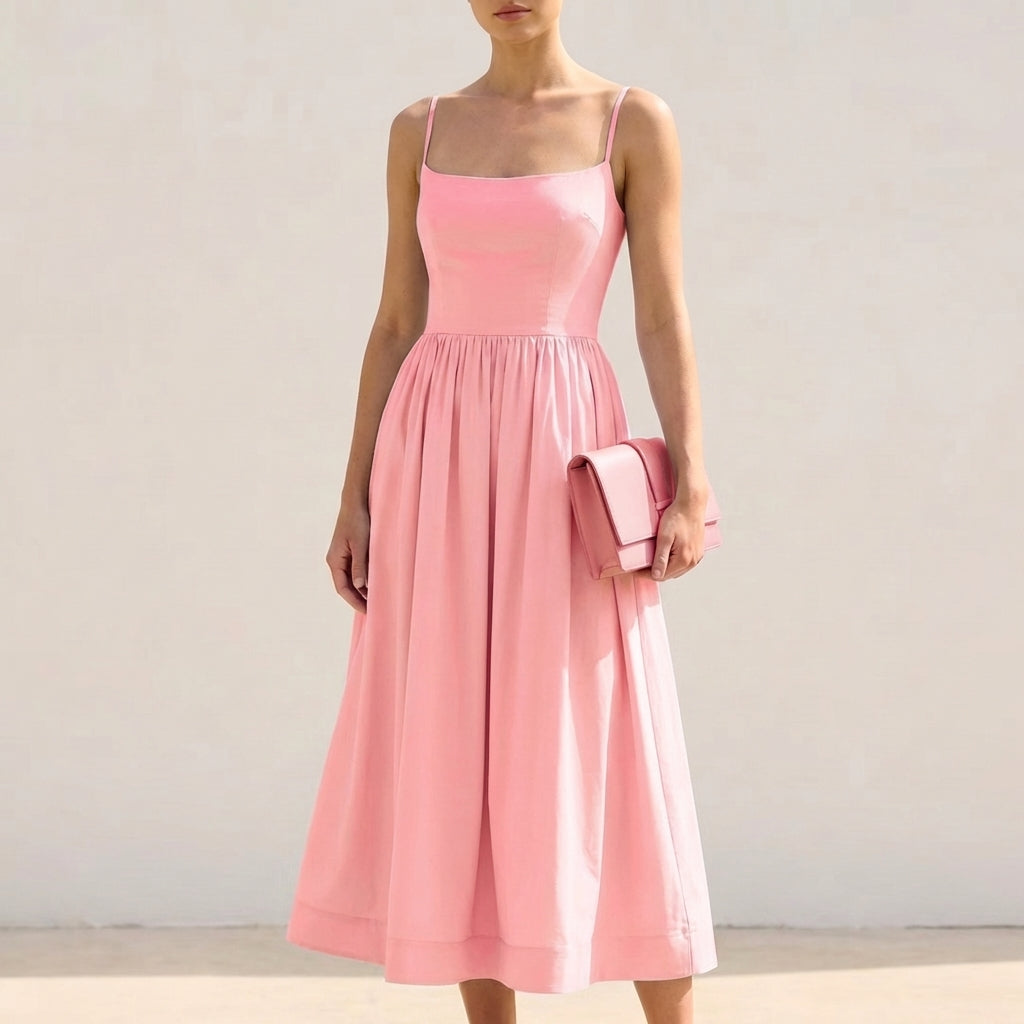 Women's Fitted A-Line Midi Dress Spaghetti Straps - 
Fashinoza
