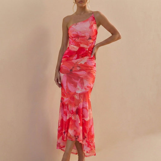 Women's One-Shoulder Maxi Dress Mesh Ruched Detail - 
Fashinoza