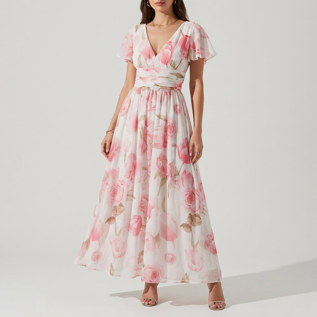 Women's V-Neck Gown Flutter Sleeves