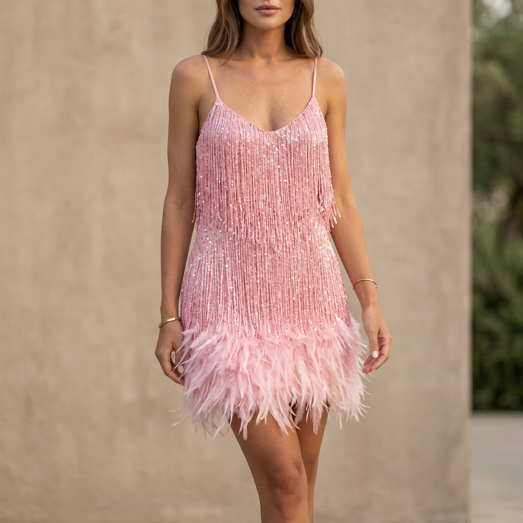 Women's Fitted V-Neck Mini Dress Sequined Feathered Hem