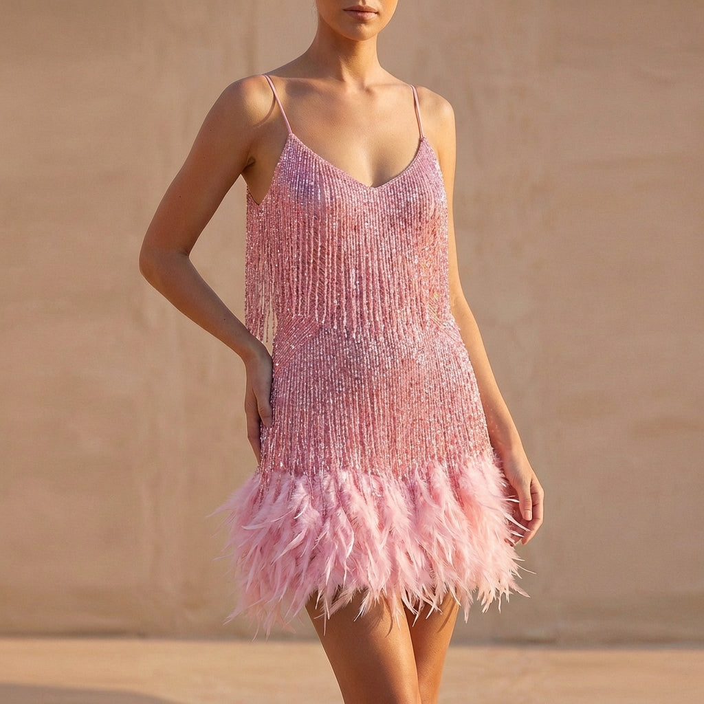 Women's Fringe Mini Dress Feather Detail