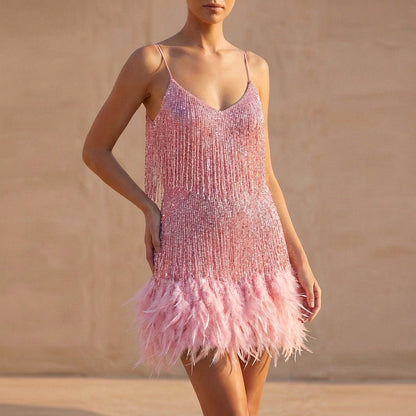 Women's Fringe Mini Dress Feather Detail