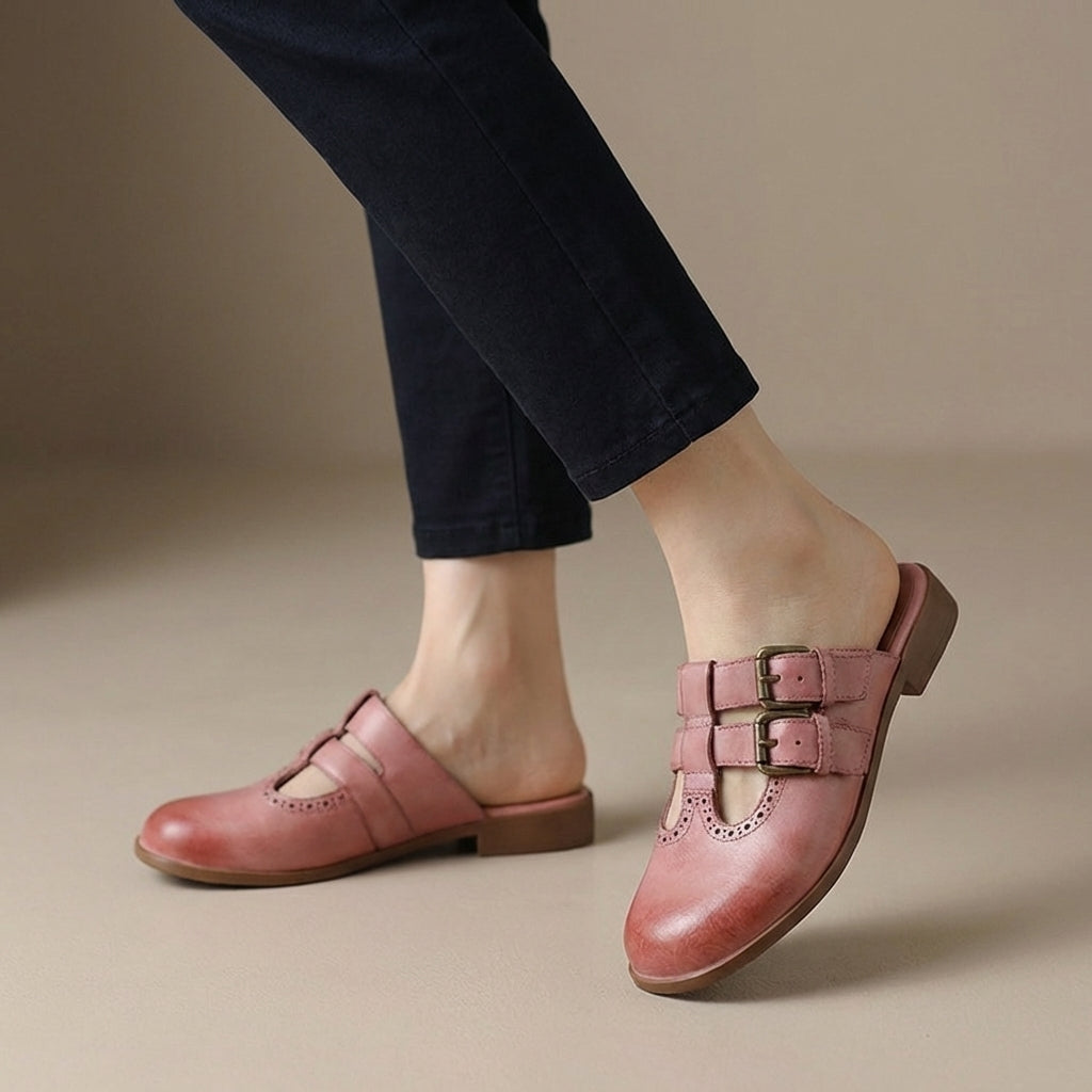Women's Slip-On Mule Heels Double Buckle Strap Black - 
Fashinoza