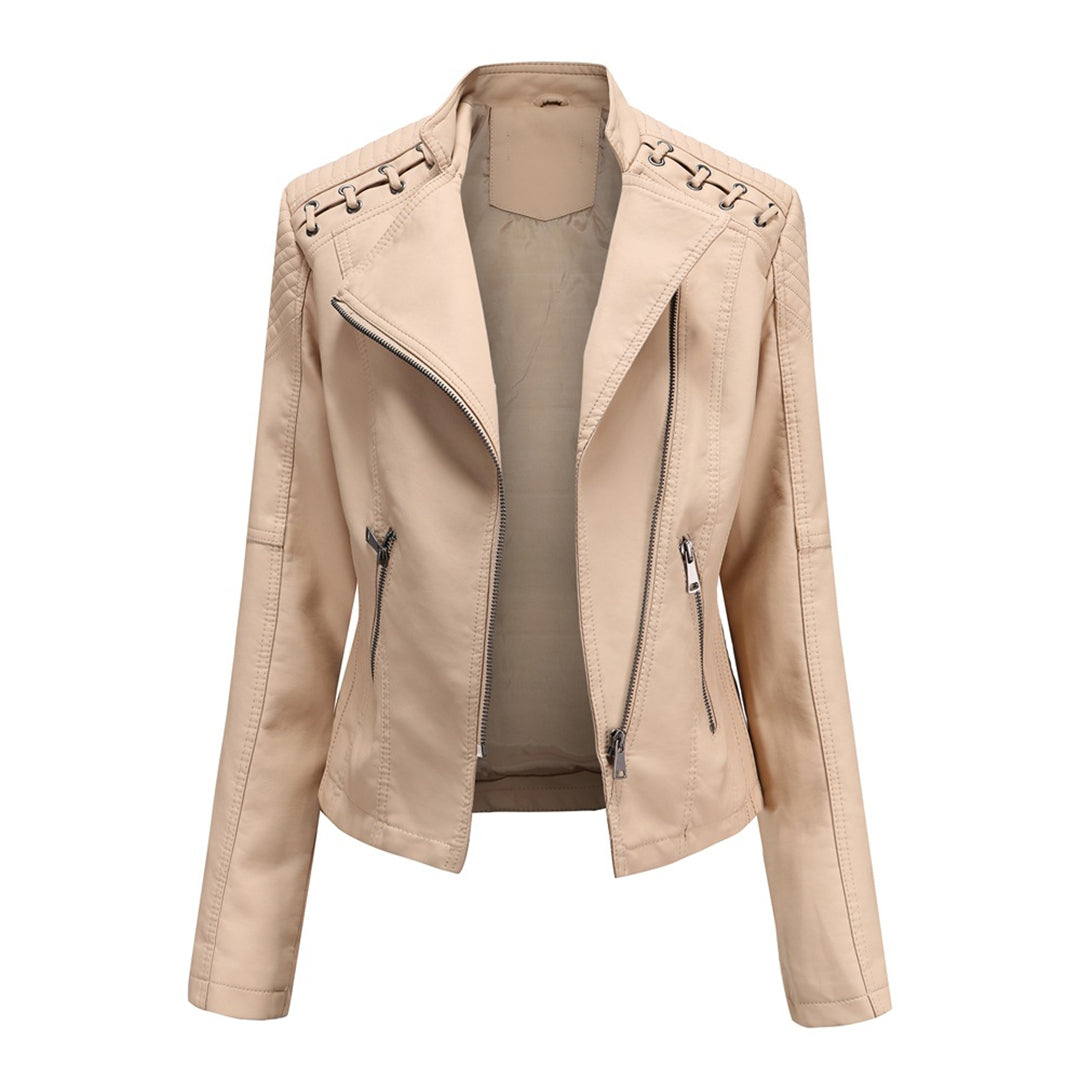 Women's Leather Motorcycle Jacket Durable Black - Fashinoza