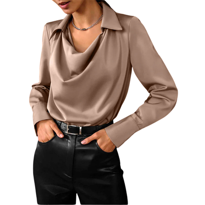 Women’s Drape Neck Long Sleeve Satin Blouse