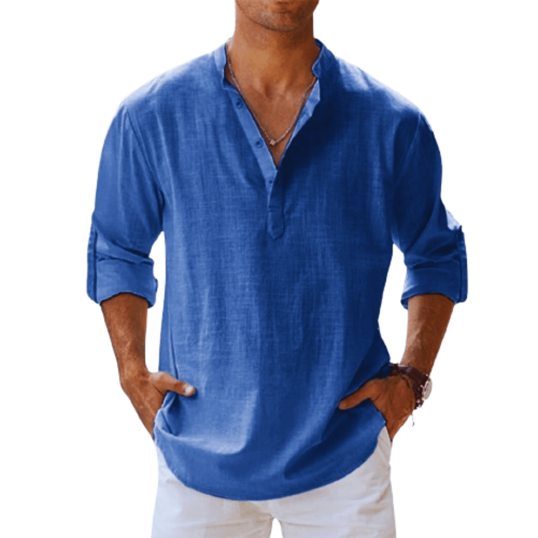 Men's Linen Blend Henley Shirt Long Sleeve Casual Beige - Fashinoza