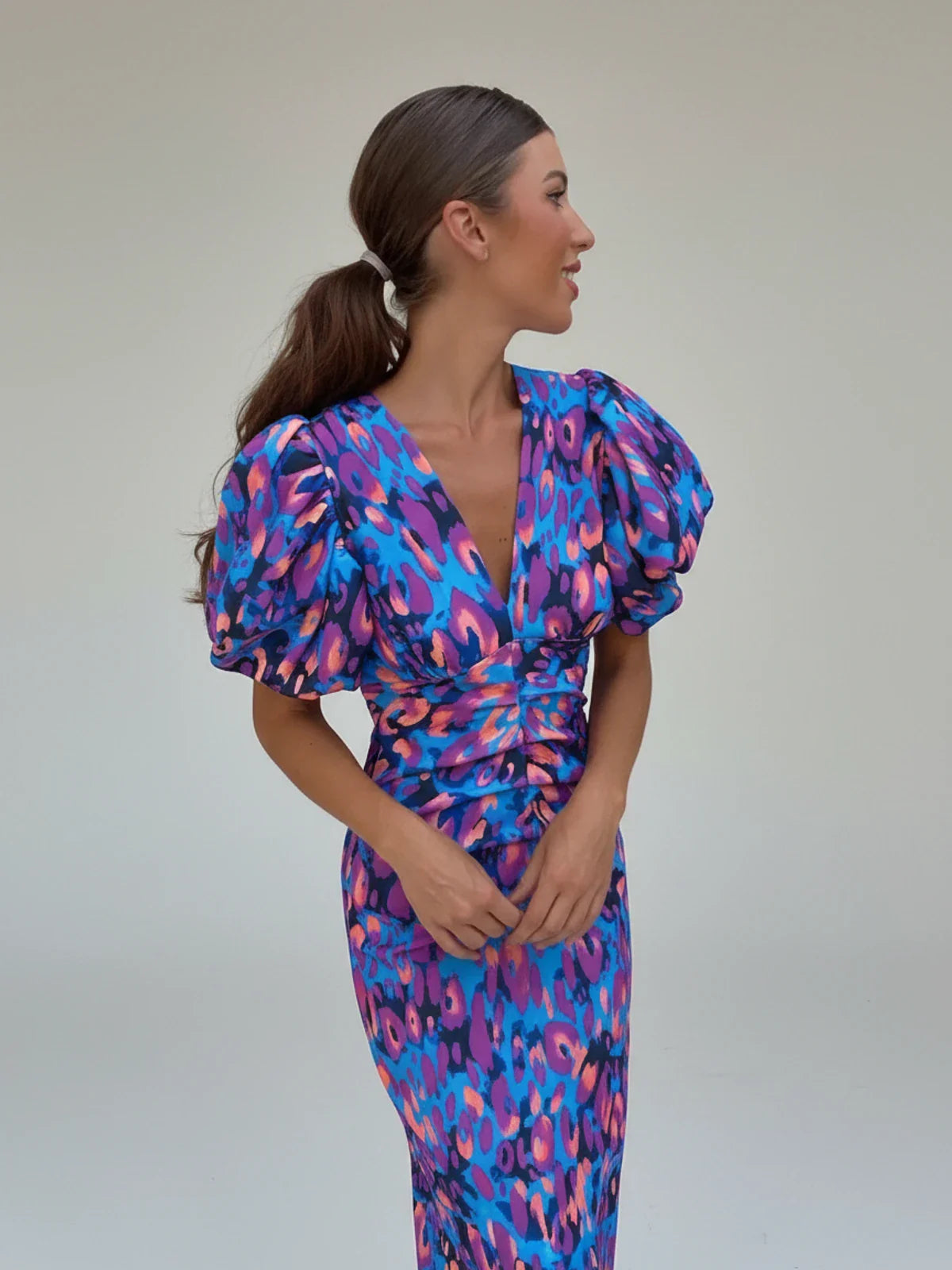 Women's Printed Midi Dress Puff Sleeve Cocktail Style