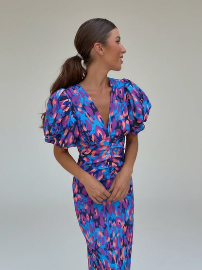 Women's Printed Midi Dress Puff Sleeve Cocktail Style
