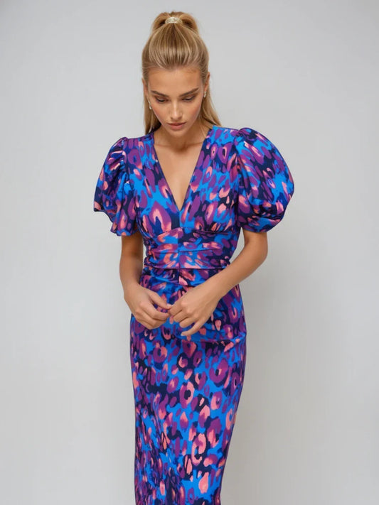 Women's Printed Midi Dress Puff Sleeve Cocktail Style - Fashinoza