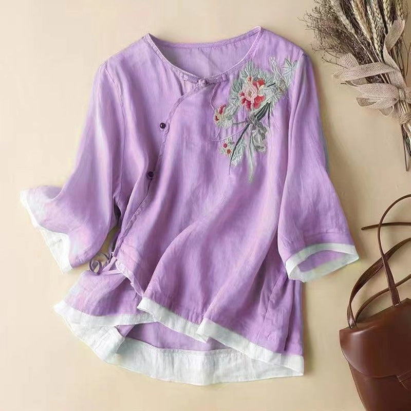 Women's Linen Blend Kimono Blouse Embroidered - 
Fashinoza