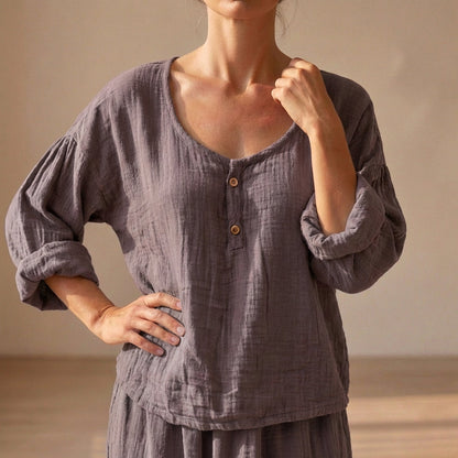 Women's Cotton Blend Blouse Relaxed Fit V-Neck Textured Sleeves