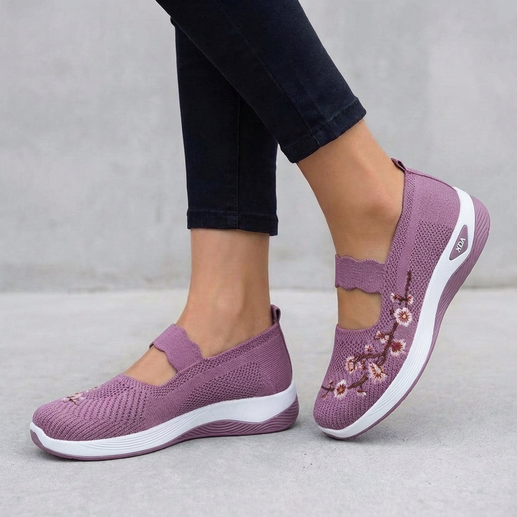 Women's Knit Mary Jane Flats Floral Embroidery