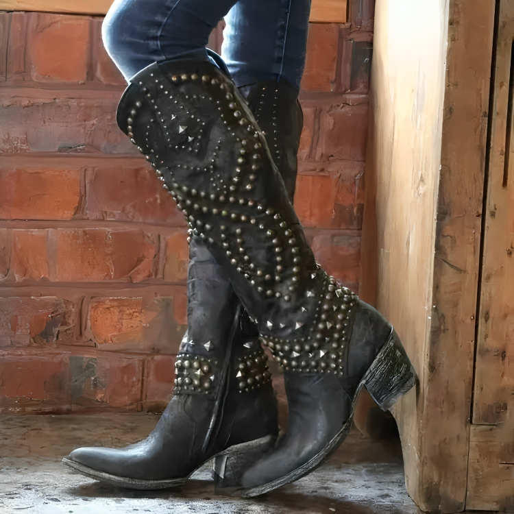 Jenna | Womens Knee High Studded Block Heel Boots