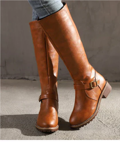 Women's Knee-High Boots Closed Toe Buckle Detail