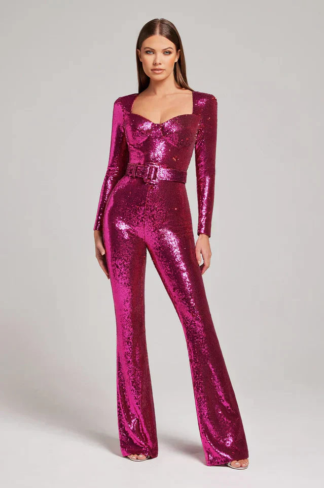 Women's Sequin Jumpsuit Corset Detail Flared Legs - Fashinoza