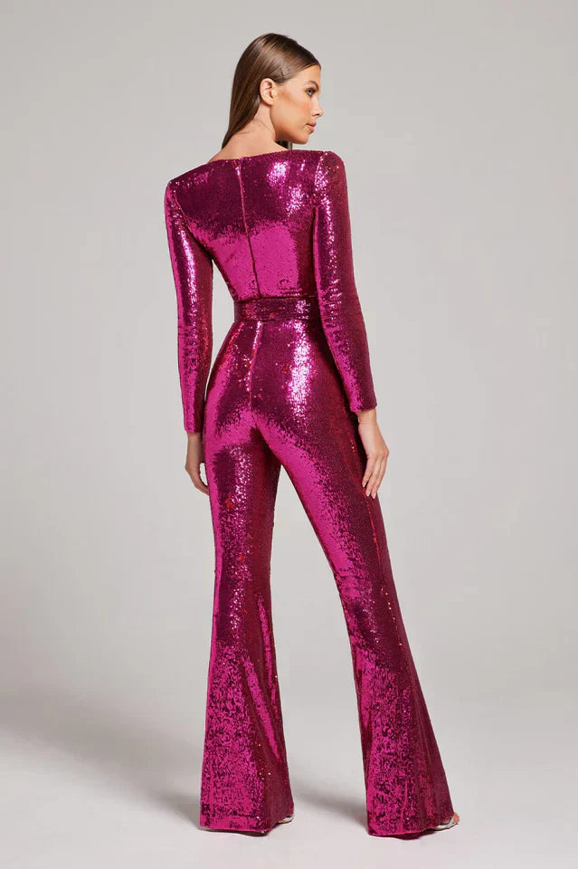 Women's Sequin Jumpsuit Corset Detail Flared Legs