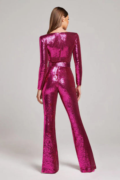 Women's Sequin Jumpsuit Corset Detail Flared Legs