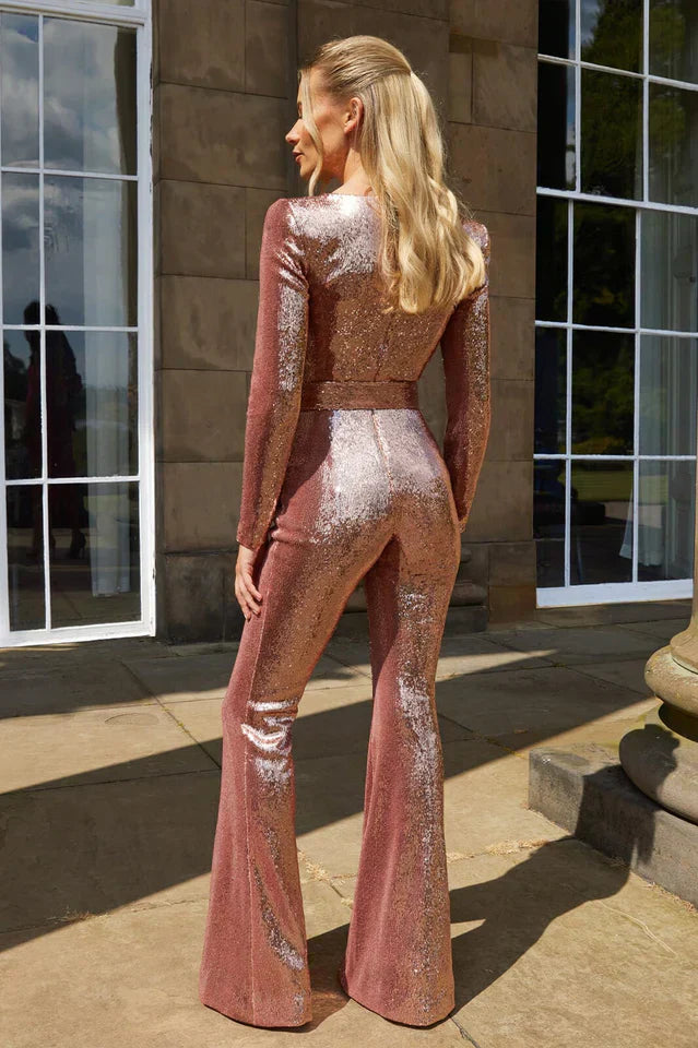 Women's Sequin Jumpsuit Corset Detail Flared Legs