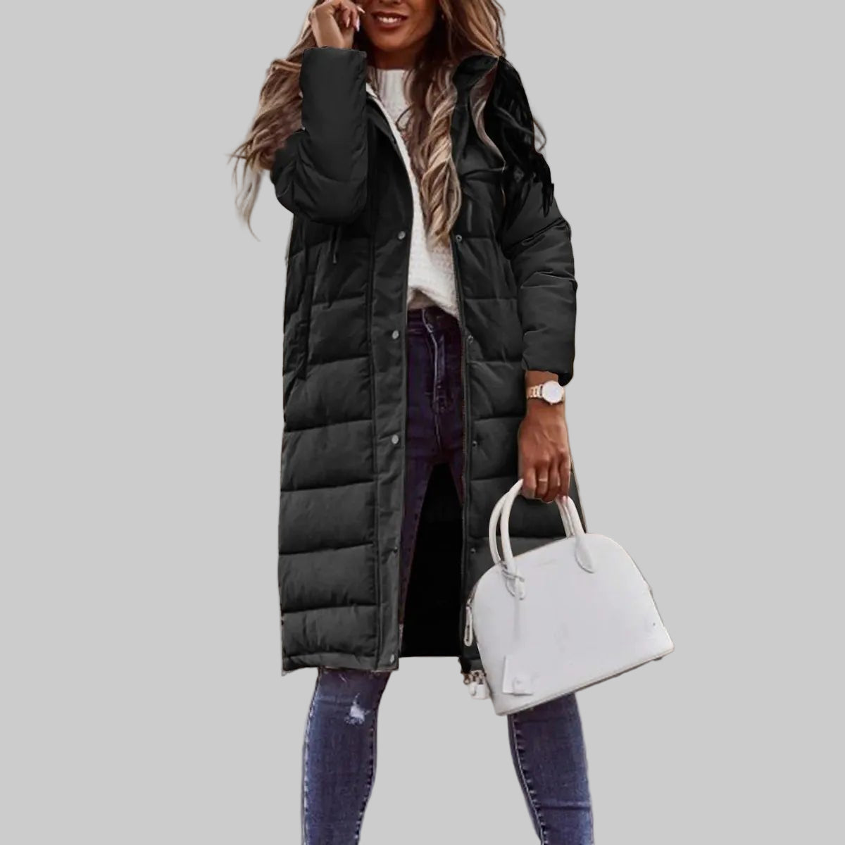 Women's Quilted Long Hooded Parka Jacket - Fashinoza