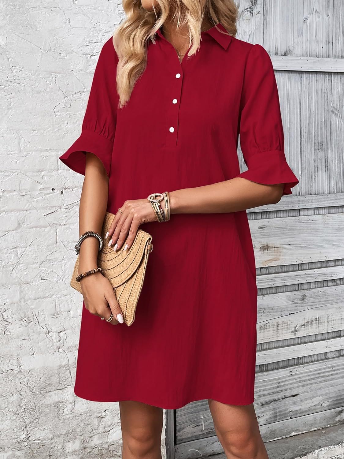 Women's Button Down Shirt Dress 3/4 Sleeve Knee Length