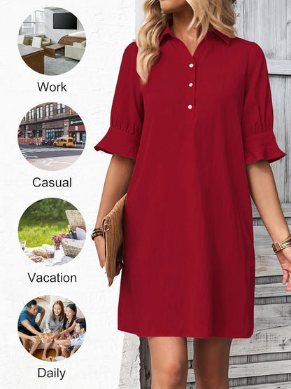 Women's Button Down Shirt Dress 3/4 Sleeve Knee Length
