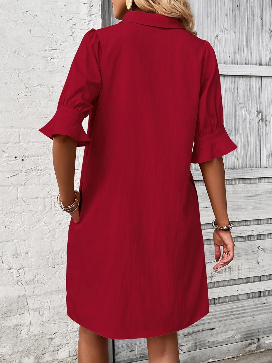 Women's Button Down Shirt Dress 3/4 Sleeve Knee Length