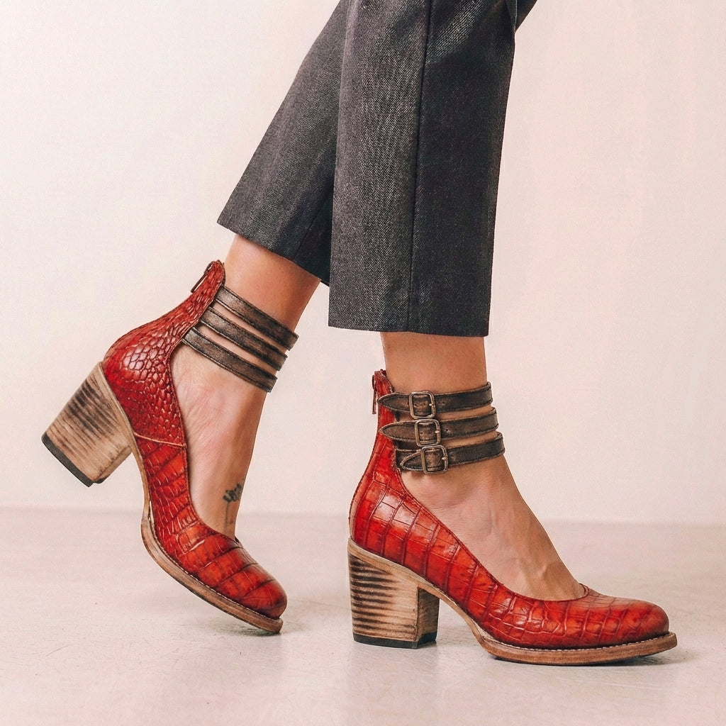 Vegan Leather Block Heel Pumps With Buckle Ankle Strap