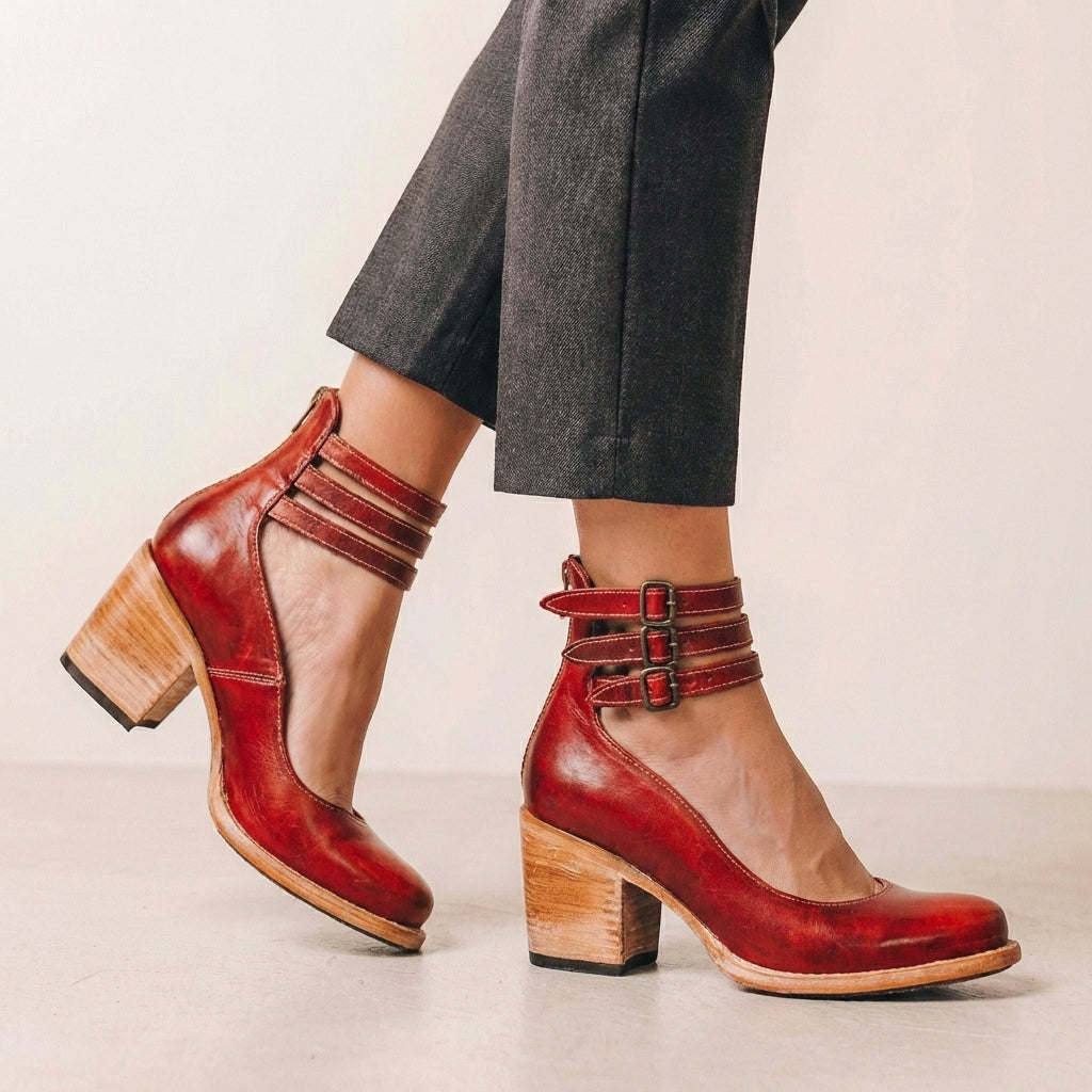 Vegan Leather Block Heel Pumps With Buckle Ankle Strap