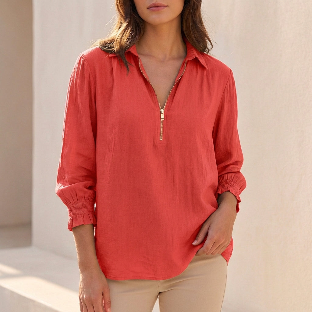 Women's Linen Oversized Zip Blouse Relaxed Fit