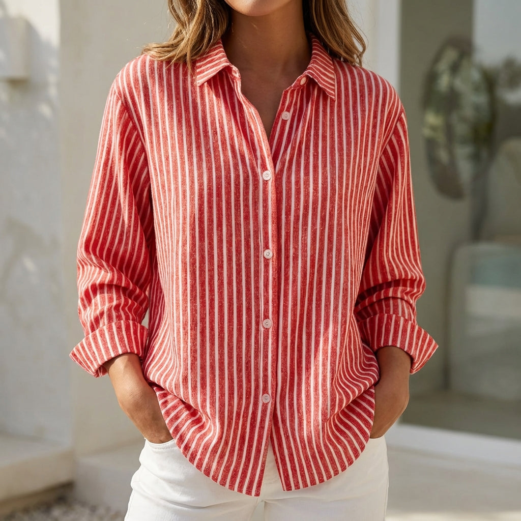 Men's Relaxed Fit Striped Button-Up Shirt Classic Collar