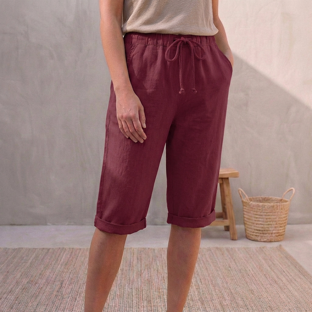 Linen Capri Pants Relaxed Fit Drawstring Waist Cuffed Hem