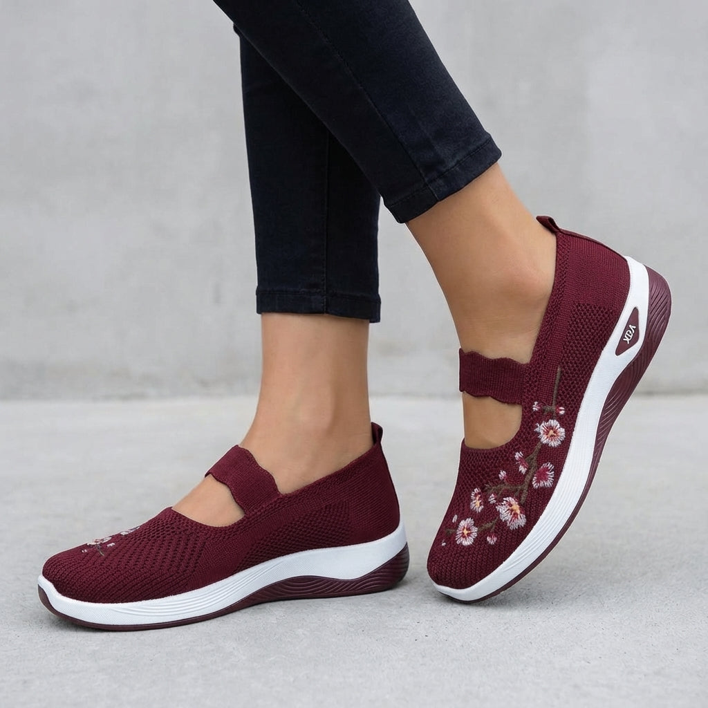 Women's Knit Mary Jane Flats Floral Embroidery