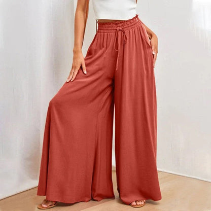 Women's High Waist Smocked Pants Wide Leg Drawstring