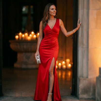 Women's Fitted Maxi Dress V-Neck Wrap High Slit