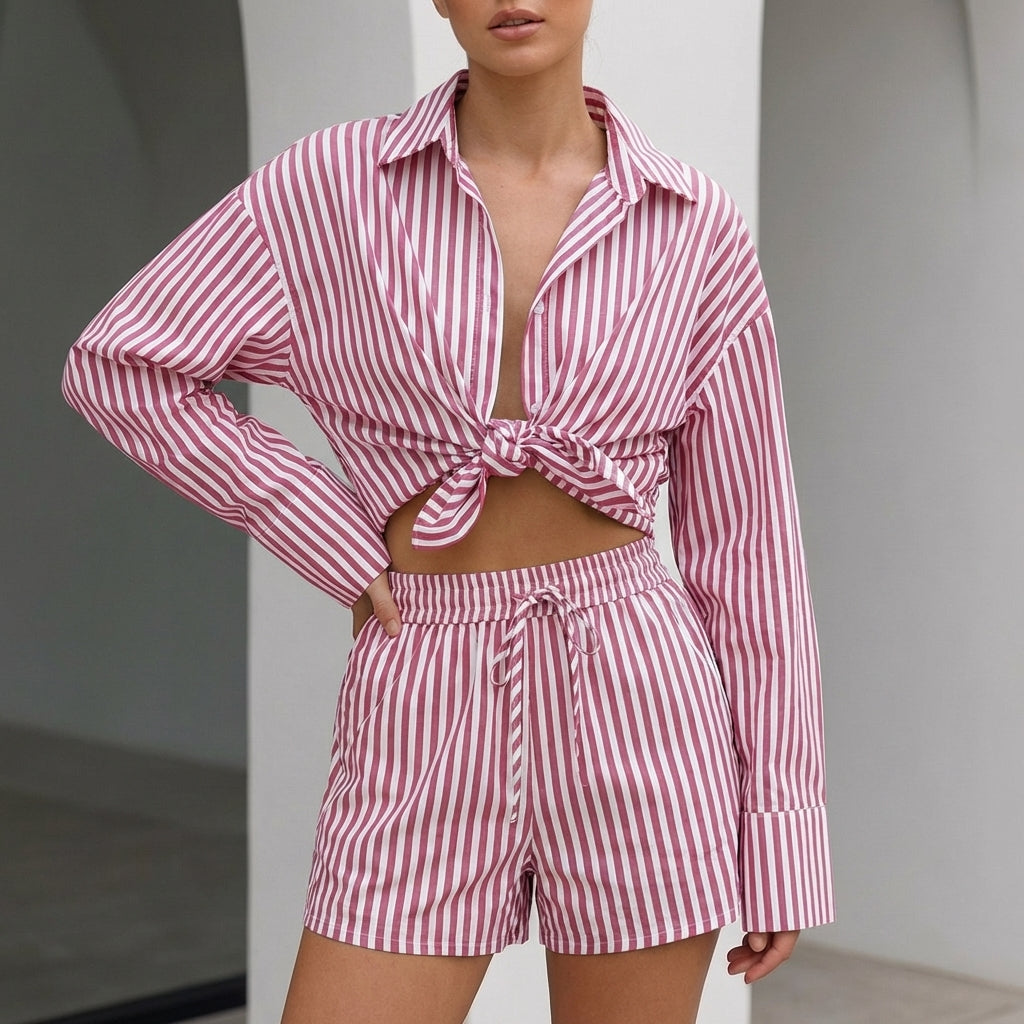 Women's Oversized Collared Shirt And Shorts Set