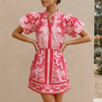 Women's Puff Sleeve Mini Dress A-Line Silhouette - 
Fashinoza