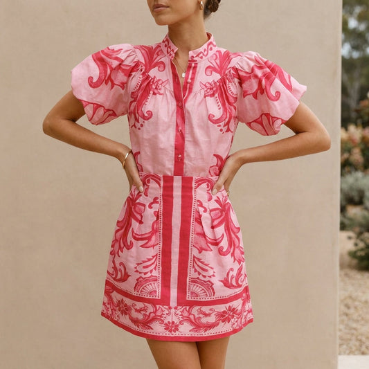 Women's Puff Sleeve Mini Dress A-Line Silhouette - 
Fashinoza