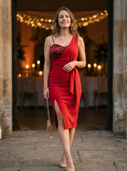 Women's Sequined Bodycon Dress Draped Bodice Slit - 
Fashinoza