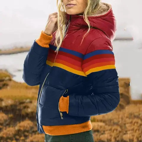 Retro Color Block Puffer Jacket for Women – Stylish & Warm Quilted Design 2