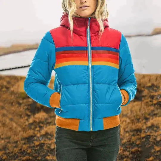 Retro Color Block Puffer Jacket for Women – Stylish & Warm Quilted Design 3